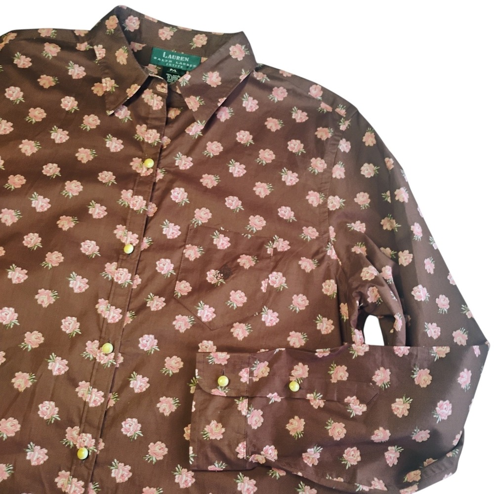Lauren Ralph Lauren Button Down Shirt Womens PL Brown Floral Western Rodeo Logo‎